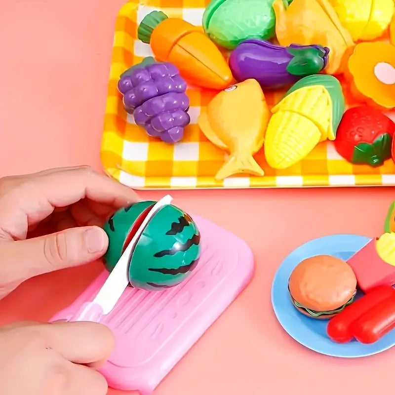 Cutting Fruit Kitchen Play Set ⎜ Educational Toy for Kids with Basket and Realistic Vegetables for Role Play