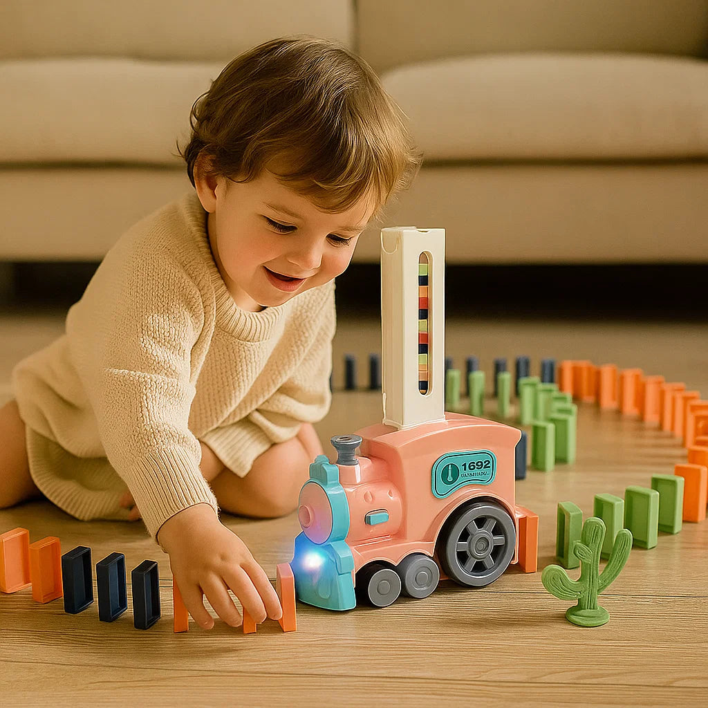 Domino Train Toy for Kids ⎜ Automatic Track Laying with Lights and Sound for Creative Learning Fun