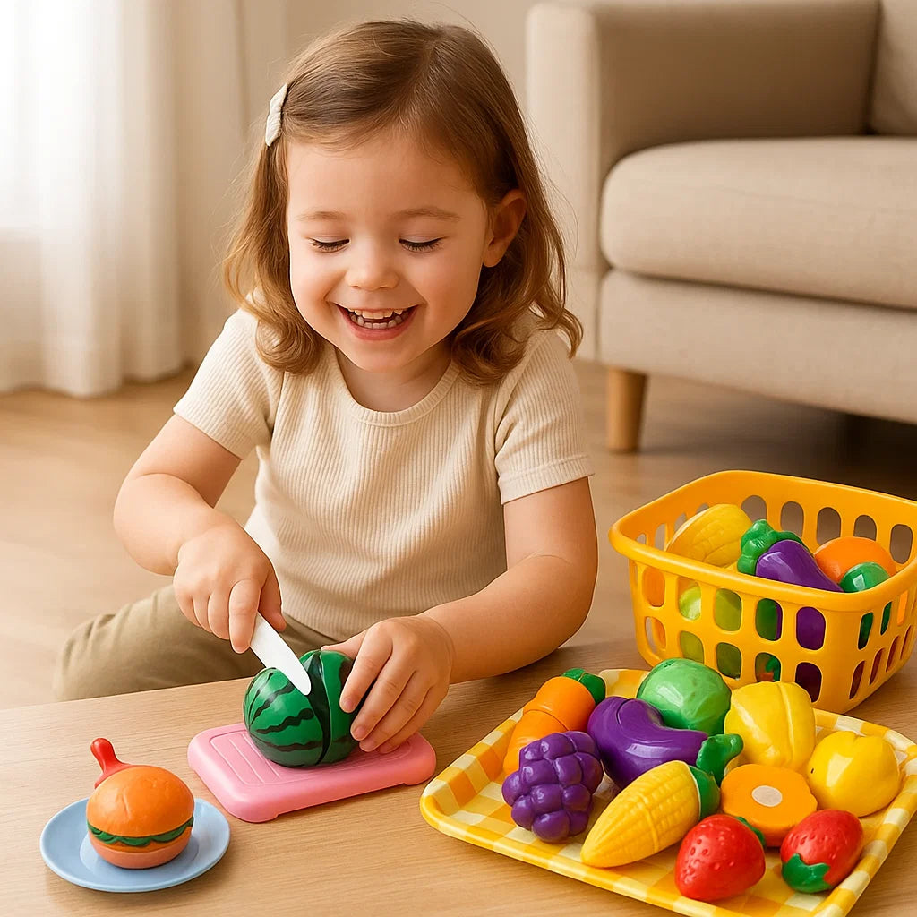 Cutting Fruit Kitchen Play Set ⎜ Educational Toy for Kids with Basket and Realistic Vegetables for Role Play
