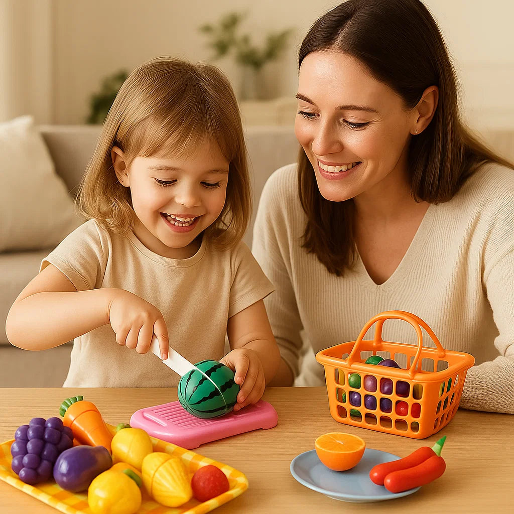 Cutting Fruit Kitchen Play Set ⎜ Educational Toy for Kids with Basket and Realistic Vegetables for Role Play