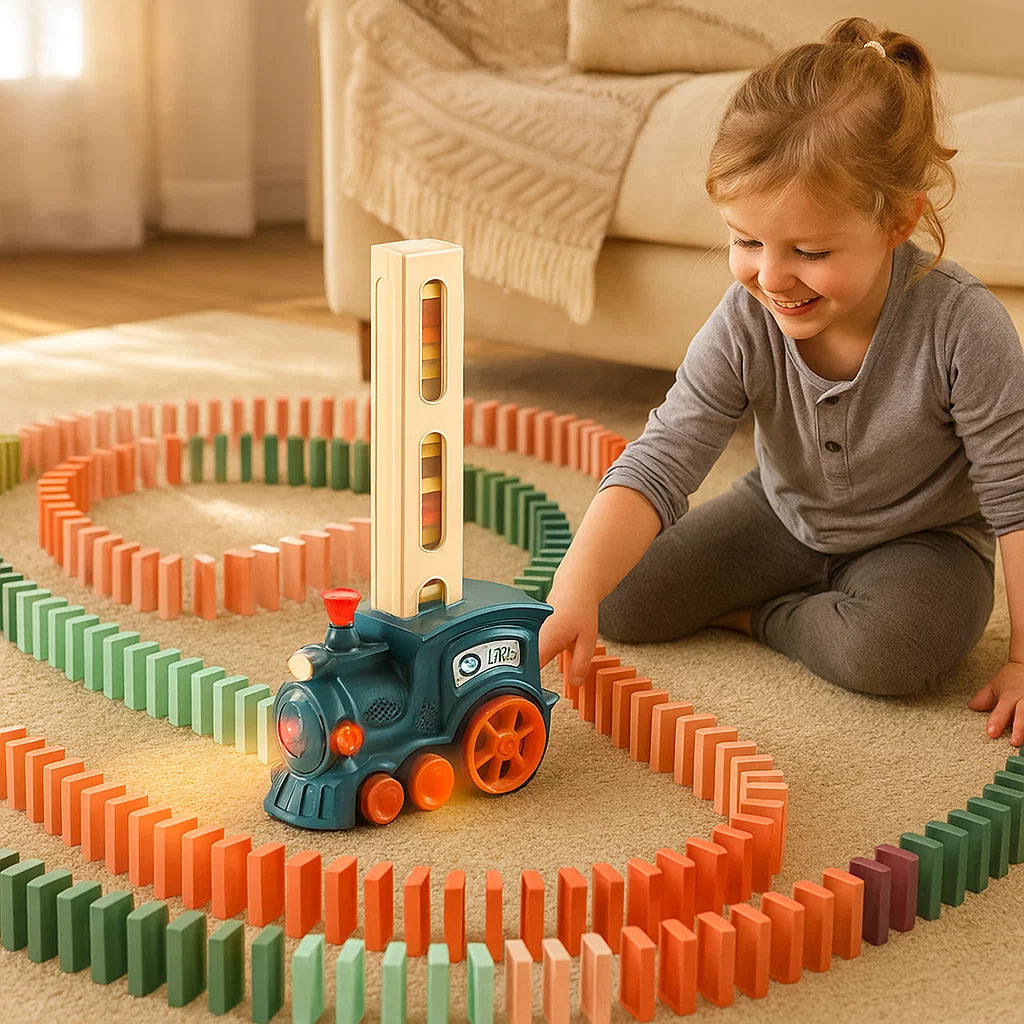 Domino Train Toy for Kids ⎜ Automatic Track Laying with Lights and Sound for Creative Learning Fun