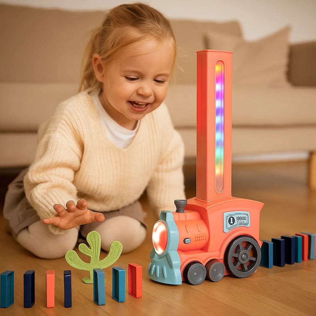Domino Train Toy for Kids ⎜ Automatic Track Laying with Lights and Sound for Creative Learning Fun