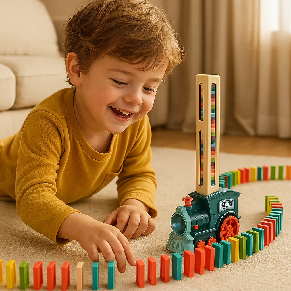 Domino Train Toy for Kids ⎜ Automatic Track Laying with Lights and Sound for Creative Learning Fun