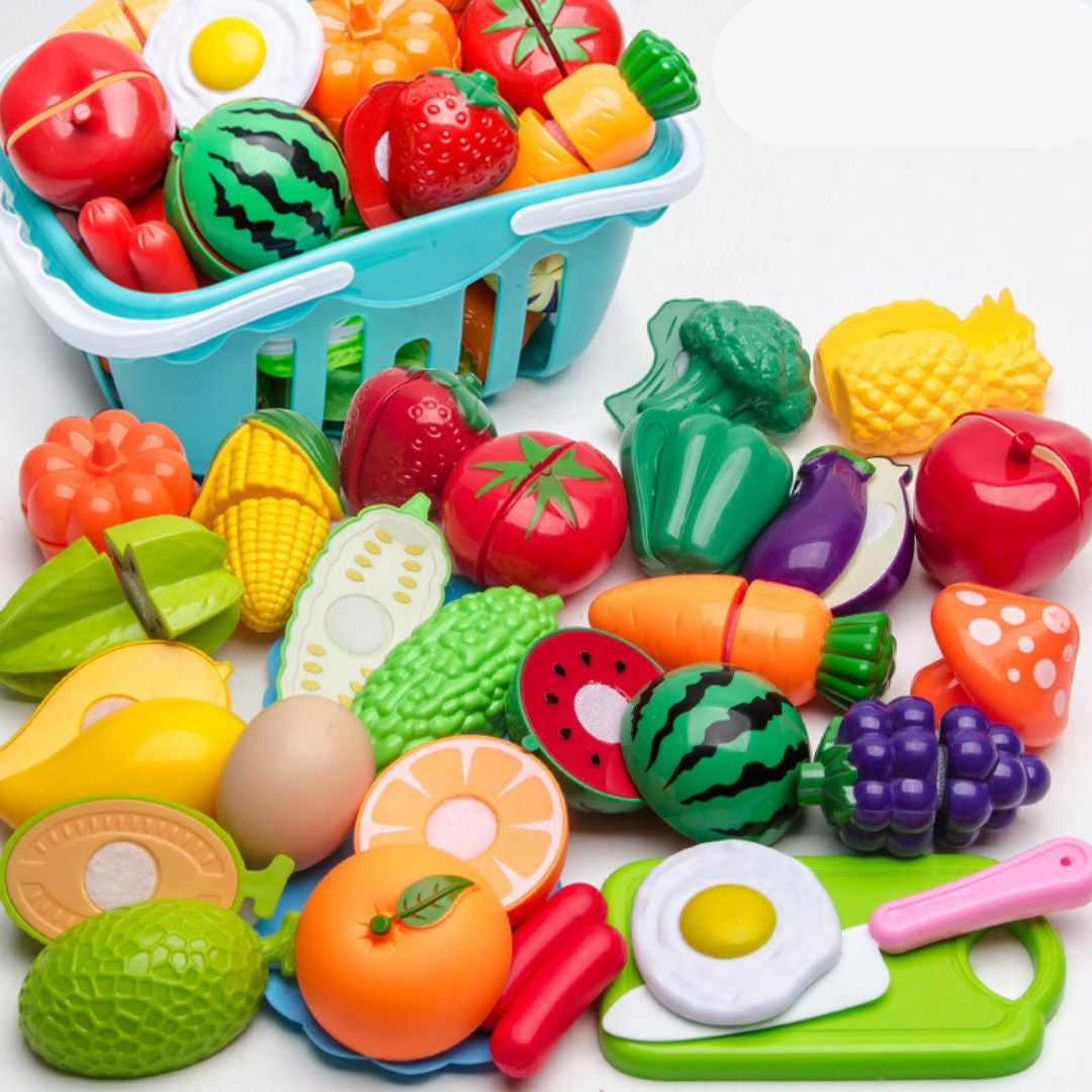 Cutting Fruit Kitchen Play Set ⎜ Educational Toy for Kids with Basket and Realistic Vegetables for Role Play