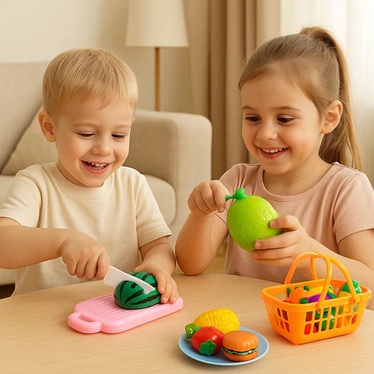 Cutting Fruit Kitchen Play Set ⎜ Educational Toy for Kids with Basket and Realistic Vegetables for Role Play