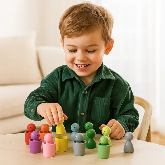 Wooden Color Matching Toy for Kids ⎜ Sorting Game with Peg Dolls and Cups for Fine Motor and Visual Learning