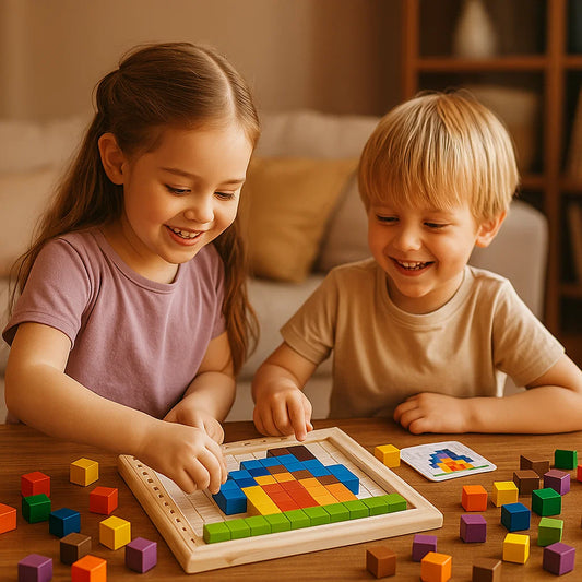 Wooden Pixel Puzzle Game for Kids ⎜ Color Sorting Blocks with Grid Board for Logic and Pattern Matchin